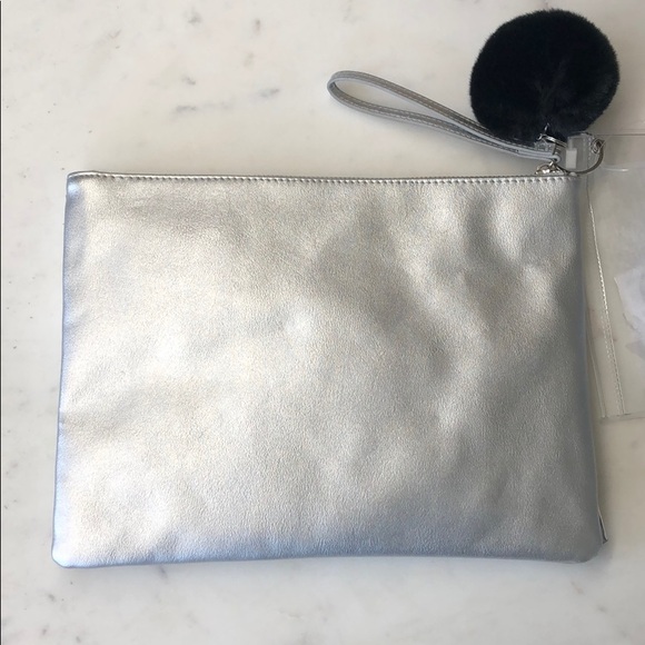 ♥️ NORDSTROM METALLIC SILVER RUFFLE CLUTCH W POM - Picture 4 of 5